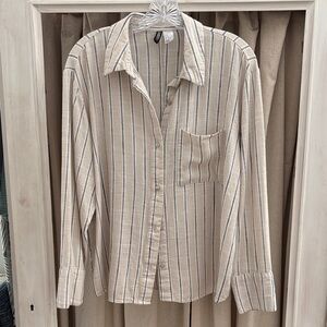 H&M Striped Viscose & Linen Button-Up Shirt in Beige and Navy
